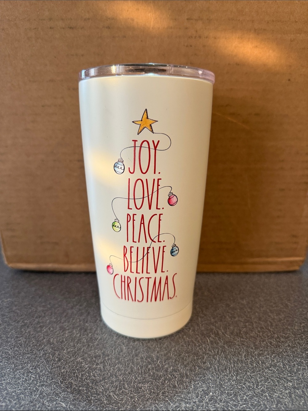 Rae Dunn Cream Holiday Tumbler with Red Lettering and Multicolor Ornaments